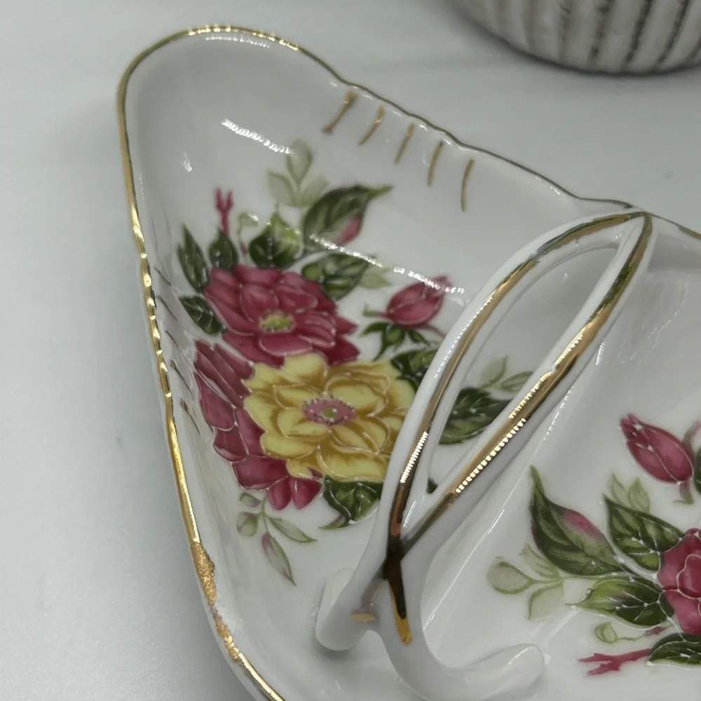 Floral Ceramic Dish with Gold Accent